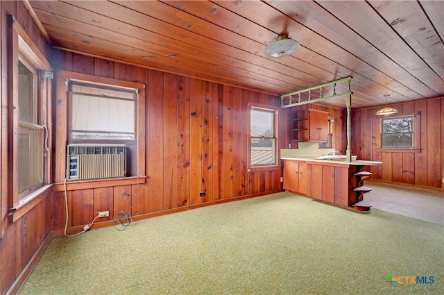 kitchen featuring wooden ceiling, plenty of natural light, and open shelves