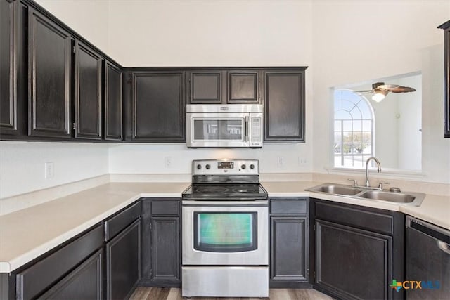 kitchen featuring ceiling fan, light hardwood / wood-style floors, sink, and stainless steel appliances