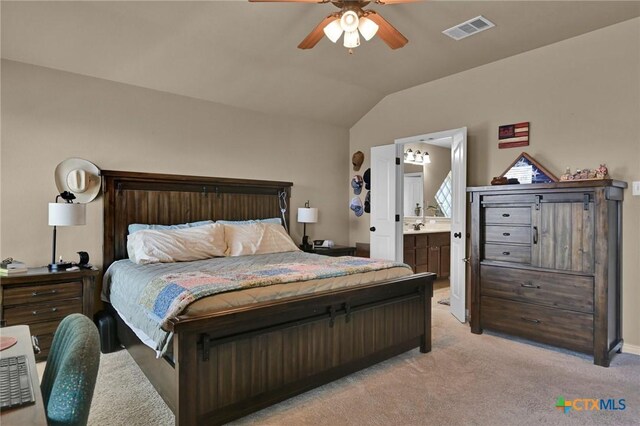 6704 Deorsam Loop, Killeen, TX 76542 - bedroom featuring lofted ceiling, light colored carpet, ensuite bathroom, and a ceiling fan