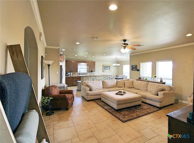 6704 Deorsam Loop, Killeen, TX 76542 - living room with a ceiling fan, crown molding, recessed lighting, and baseboards