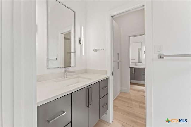 bathroom with vanity and wood-type flooring