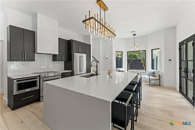 kitchen with an inviting chandelier, hanging light fixtures, an island with sink, a breakfast bar area, and stainless steel appliances