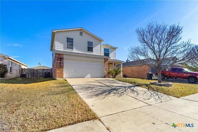 front of property with a front yard, a garage, and central air condition unit