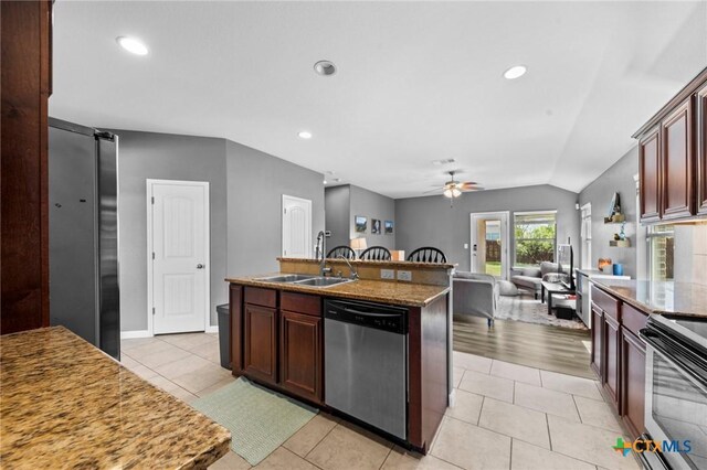 211 W Vega Ln, Killeen, TX 76542 - kitchen featuring dishwasher, a sink, a ceiling fan, electric range oven, and vaulted ceiling
