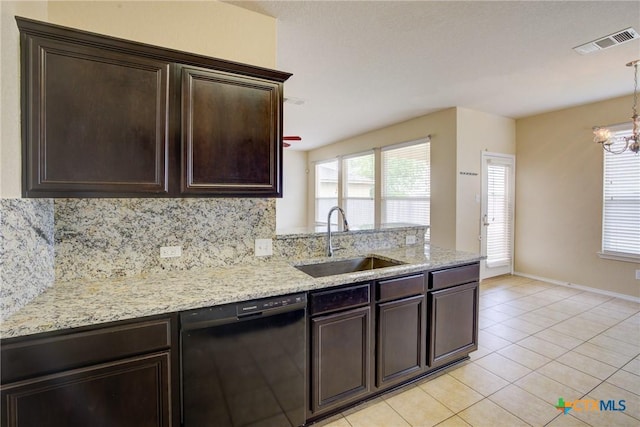 525 Tom Kemp Dr, New Braunfels, TX 78130 - kitchen with a sink, light tile patterned floors, dishwasher, dark brown cabinetry, and visible vents