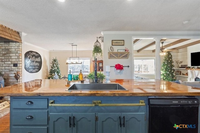 kitchen featuring blue cabinetry, ornamental molding, a textured ceiling, and black dishwasher