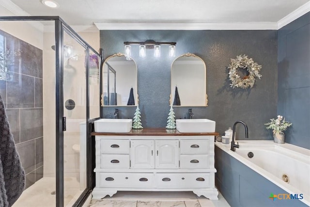 bathroom featuring vanity, separate shower and tub, and crown molding