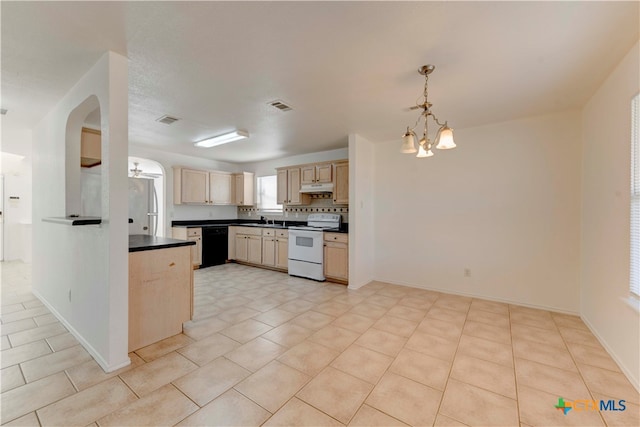 kitchen with black dishwasher, a notable chandelier, white range with electric stovetop, stainless steel fridge, and decorative light fixtures