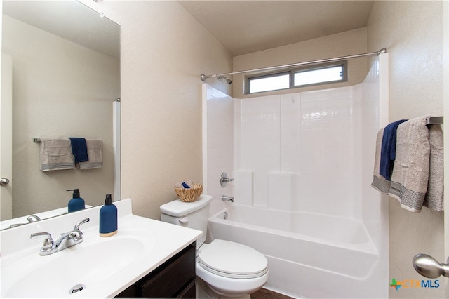 full bathroom featuring shower / tub combination, vanity, and toilet