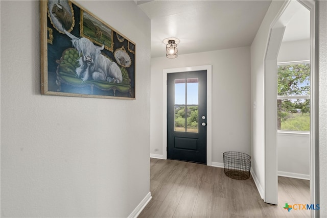 entryway with wood finished floors and baseboards
