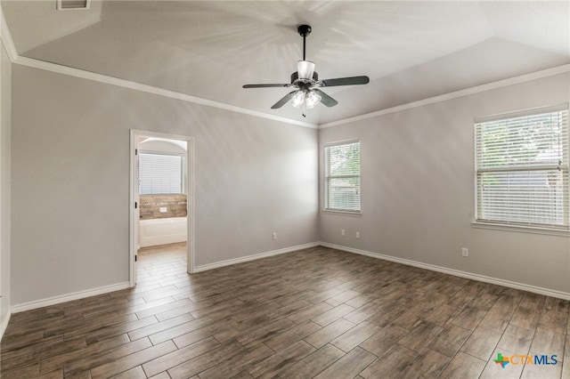 8530 Lamplight Ct, Temple, TX 76502 - empty room featuring dark wood-style floors, ornamental molding, ceiling fan, and lofted ceiling