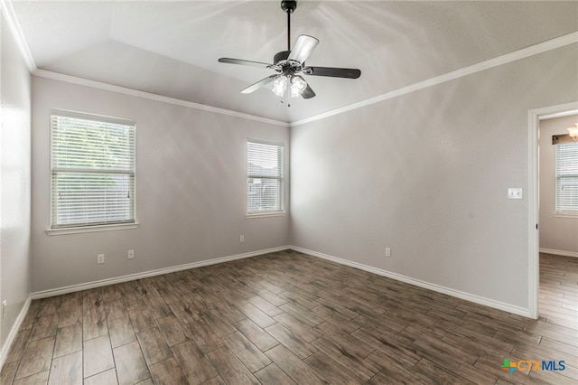 8530 Lamplight Ct, Temple, TX 76502 - spare room featuring crown molding, dark wood-style flooring, and a ceiling fan