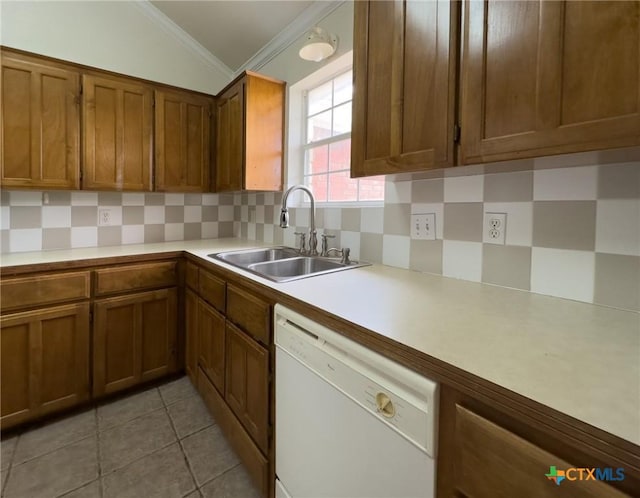 12169 Oakalla Rd, Killeen, TX 76549 - kitchen with dishwasher, a sink, backsplash, ornamental molding, and brown cabinetry