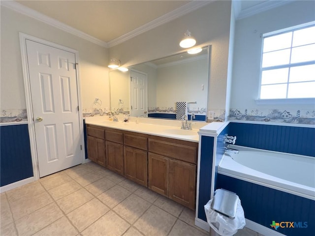 12169 Oakalla Rd, Killeen, TX 76549 - bathroom with crown molding, double vanity, tile patterned floors, and a garden tub
