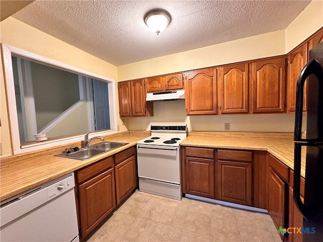 899/901 Hillyer St, San Marcos, TX 78666 - kitchen featuring white appliances, a sink, under cabinet range hood, brown cabinetry, and a textured ceiling