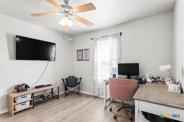 office space featuring ceiling fan and light hardwood / wood-style floors