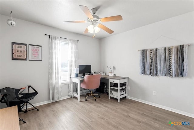 office with ceiling fan and wood-type flooring