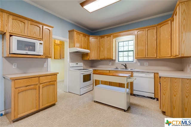 kitchen featuring crown molding, sink, and white appliances