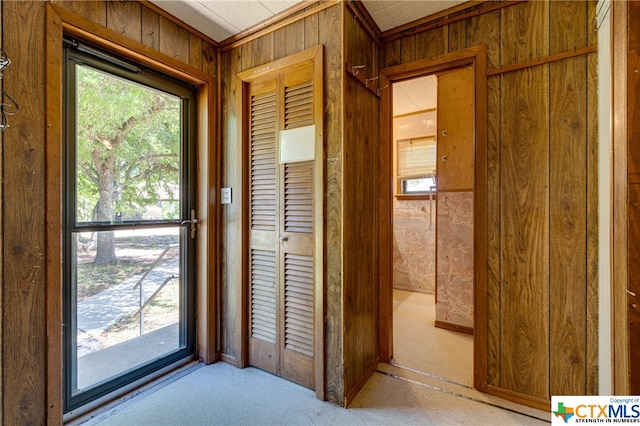 doorway with a wealth of natural light and wood walls