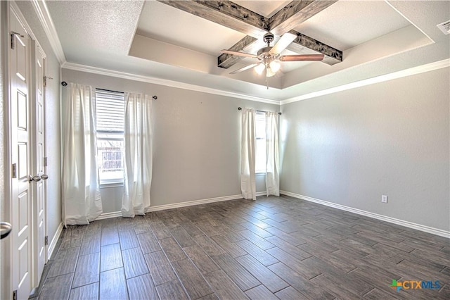 empty room featuring a tray ceiling, a wealth of natural light, and wood finish floors