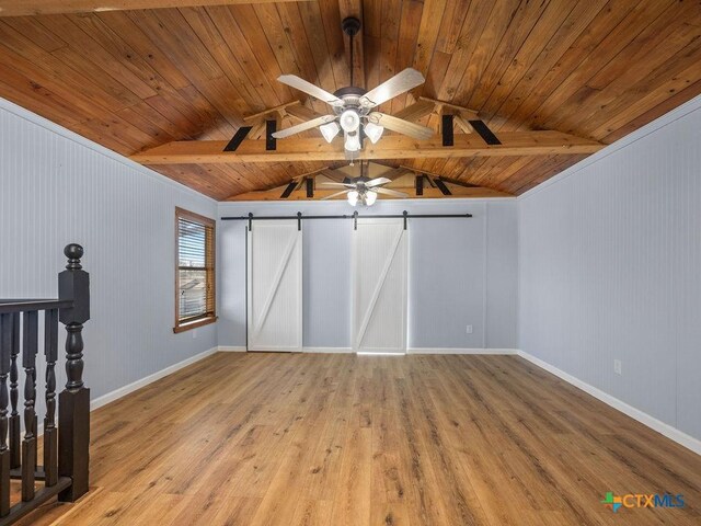 187 Meadow Ave, New Braunfels, TX 78130 - interior space with lofted ceiling with beams, a ceiling fan, wood ceiling, and hardwood / wood-style floors