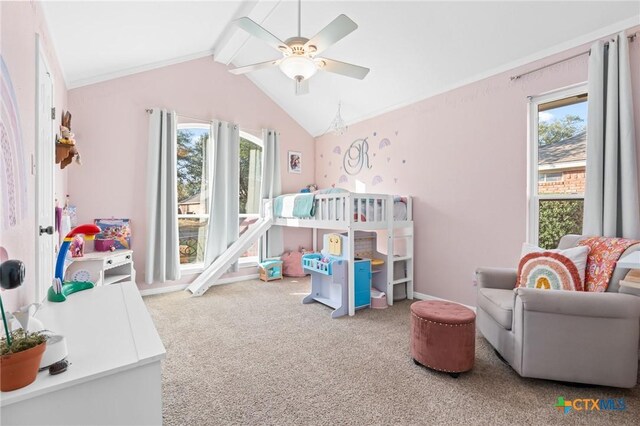 bedroom with baseboards, lofted ceiling with beams, carpet floors, and a ceiling fan