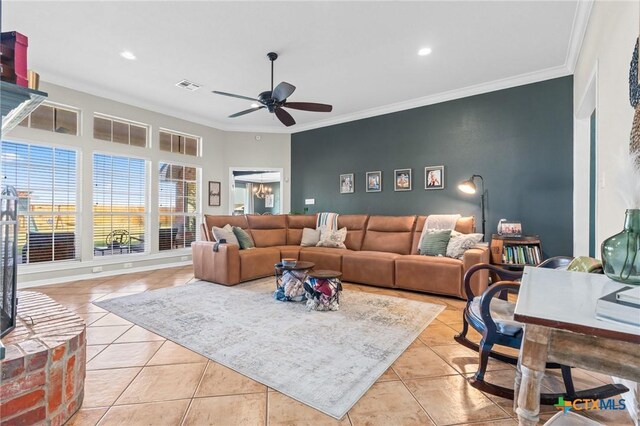 living room featuring a ceiling fan, light tile patterned floors, visible vents, ornamental molding, and recessed lighting