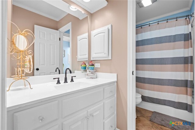 full bath featuring tile patterned floors, crown molding, toilet, and vanity