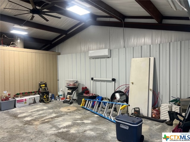 garage featuring ceiling fan and an AC wall unit