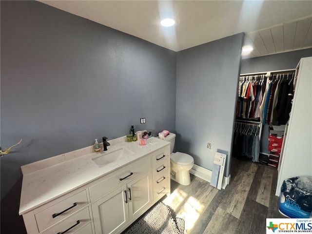 bathroom featuring toilet, vanity, and wood-type flooring