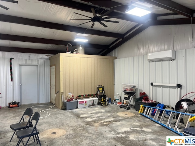 garage with ceiling fan and a wall mounted AC