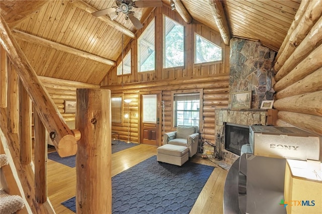 2662 Edgegrove, Canyon Lake, TX 78133 - living area featuring a wooden ceiling with exposed beams, log walls, high vaulted ceiling, wood-type flooring, and ceiling fan