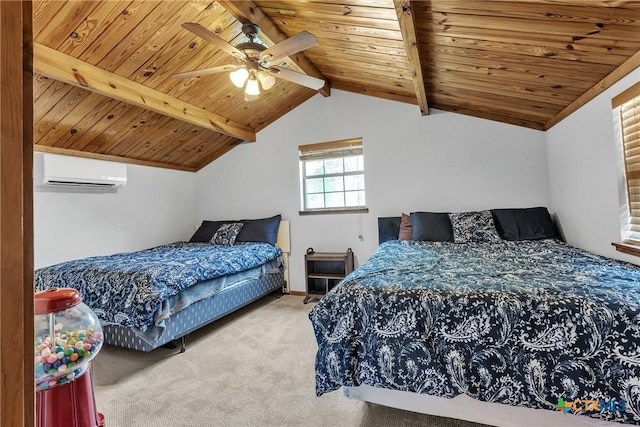 2662 Edgegrove, Canyon Lake, TX 78133 - carpeted bedroom featuring a wall mounted air conditioner, wood ceiling, and a ceiling fan