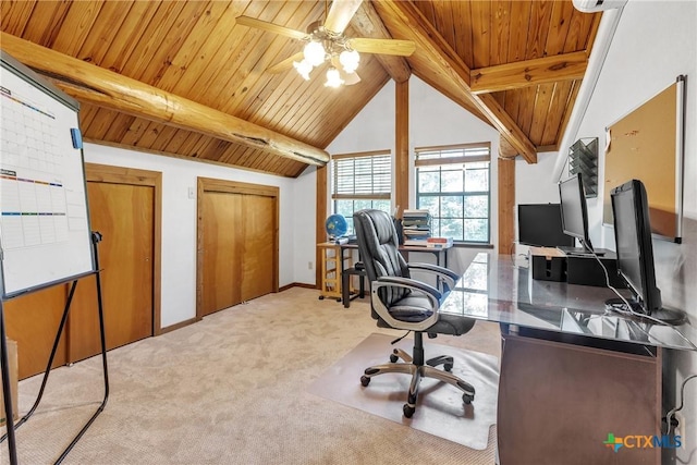 2662 Edgegrove, Canyon Lake, TX 78133 - office area with light carpet, wooden ceiling, and ceiling fan
