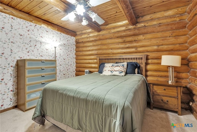 2662 Edgegrove, Canyon Lake, TX 78133 - carpeted bedroom with a wooden ceiling with exposed beams, wallpapered walls, log walls, and a ceiling fan