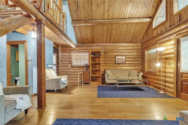 2662 Edgegrove, Canyon Lake, TX 78133 - living area featuring a wooden ceiling with exposed beams, wood-type flooring, log walls, healthy amount of natural light, and high vaulted ceiling