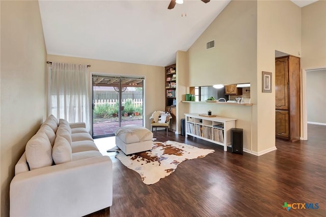 112 Laramie Dr, Victoria, TX 77904 - living room featuring high vaulted ceiling, ceiling fan, and dark wood finished floors