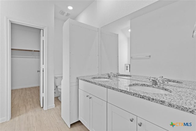 9063 Rancher Trl, Seguin, TX 78155 - bathroom with wood finished floors, toilet, double vanity, and a walk in closet