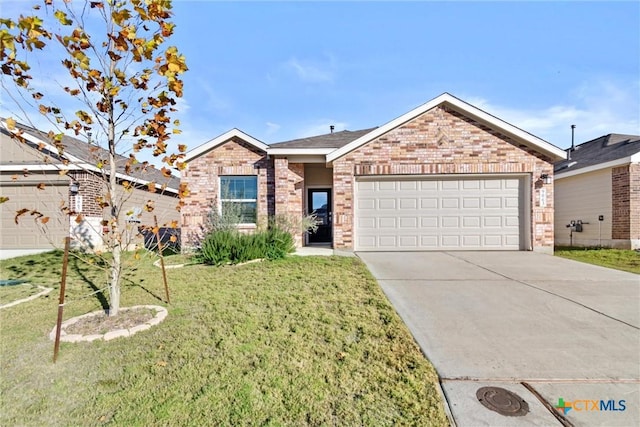 9063 Rancher Trl, Seguin, TX 78155 - ranch-style house with brick siding, a front yard, an attached garage, and driveway