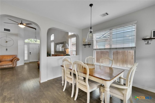 3405 Campanella Dr, Round Rock, TX 78665 - dining room featuring hardwood / wood-style floors, baseboards, ceiling fan, and arched walkways