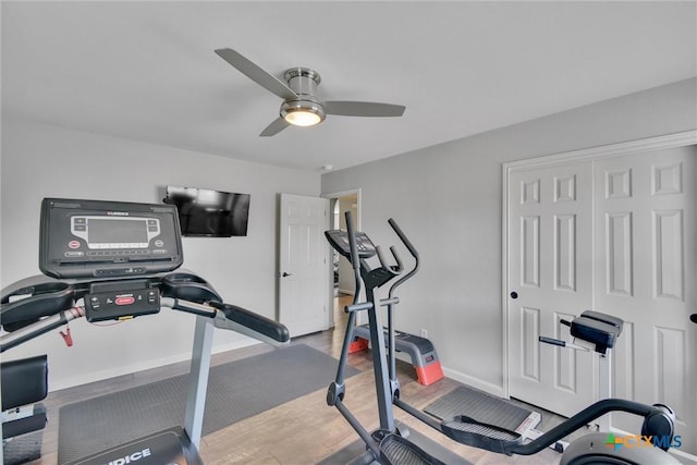 3405 Campanella Dr, Round Rock, TX 78665 - workout area with wood finished floors, ceiling fan, and baseboards