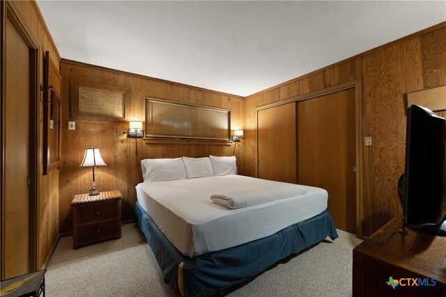 616 N Shore Dr, Port Mansfield, TX 78598 - bedroom featuring light carpet, wood walls, and a closet