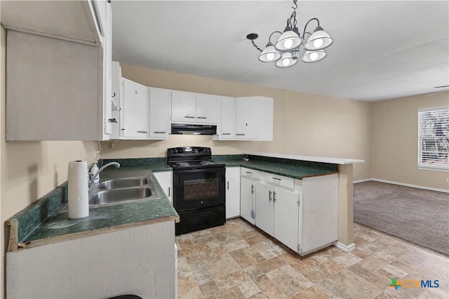 kitchen with a sink, black range with electric cooktop, white cabinetry, exhaust hood, and open floor plan