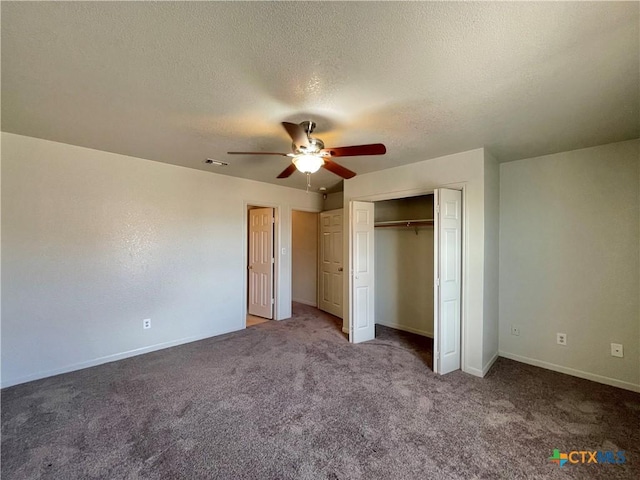 3805 Uvalde Dr, Killeen, TX 76549 - unfurnished bedroom featuring a textured ceiling, carpet floors, a closet, a ceiling fan, and baseboards