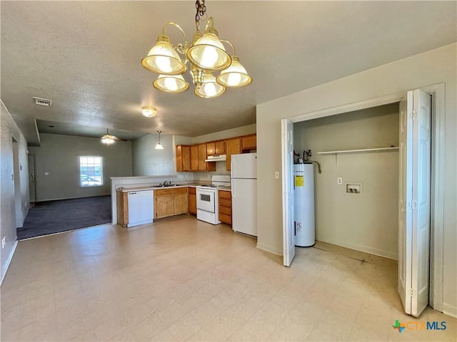 3805 Uvalde Dr, Killeen, TX 76549 - kitchen featuring white appliances, water heater, light countertops, a chandelier, and light floors