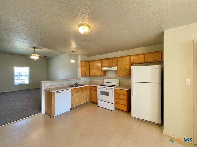 3805 Uvalde Dr, Killeen, TX 76549 - kitchen featuring white appliances, under cabinet range hood, a textured ceiling, light countertops, and a ceiling fan