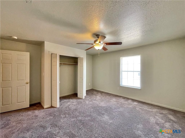 3805 Uvalde Dr, Killeen, TX 76549 - unfurnished bedroom with carpet floors, a closet, a textured ceiling, baseboards, and a ceiling fan