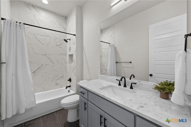 6310 Brasada Ln, Temple, TX 76502 - bathroom with toilet, shower / bathtub combination with curtain, vanity, and recessed lighting