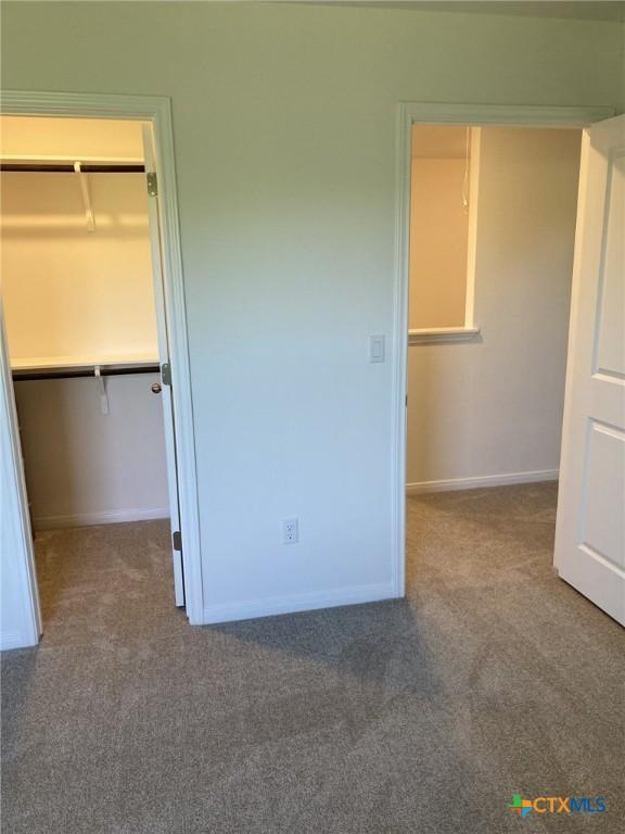 unfurnished bedroom with a closet, baseboards, a walk in closet, and carpet