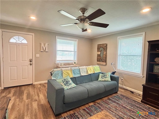 1403 Bill Tindall Ave, Seadrift, TX 77983 - living area with wood finished floors, baseboards, ceiling fan, crown molding, and recessed lighting